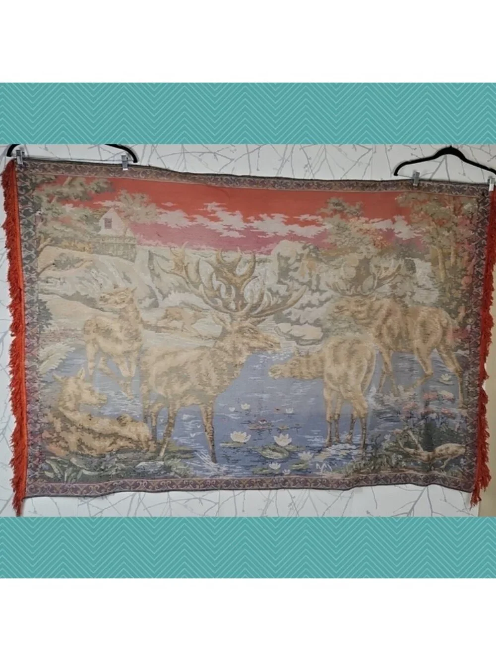 Vintage Deer Drinking Water In Forest Woodland Velvet Rug Wall Hanging 68